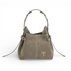 Geanta din piele întoarsă Taupe Suede Micro Boucle