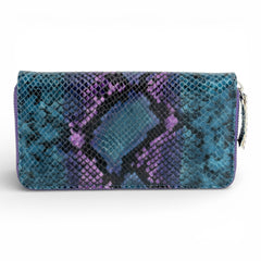 Portofel din piele naturala pentru femei, cu fermoar Snake turcoaz lila