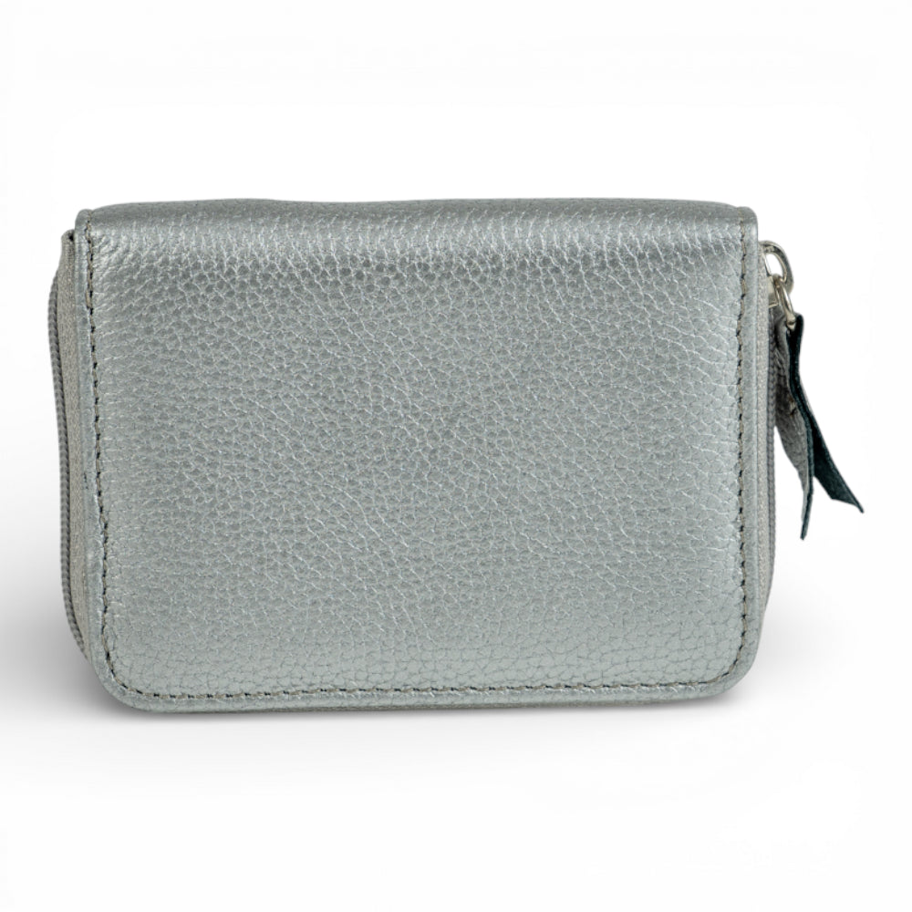 Portofel Mini din piele naturala pentru femei, cu fermoar Argintiu Imagine principală a produsului