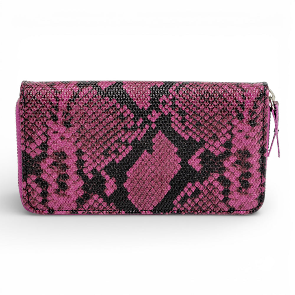 Portofel din piele naturala pentru femei, cu fermoar Snake fuxia