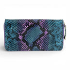 Portofel din piele naturala pentru femei, cu fermoar Snake turcoaz lila