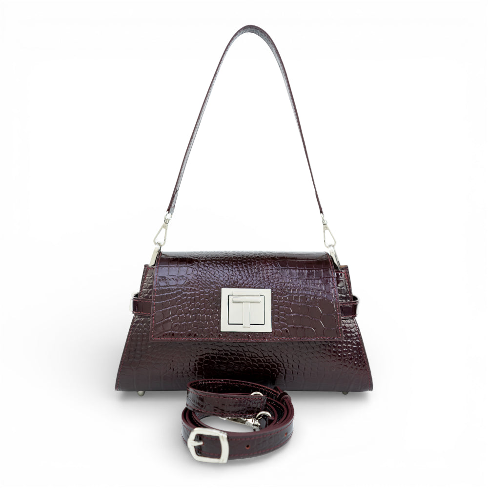 Geanta din piele naturala Burgundy Croco Bella
