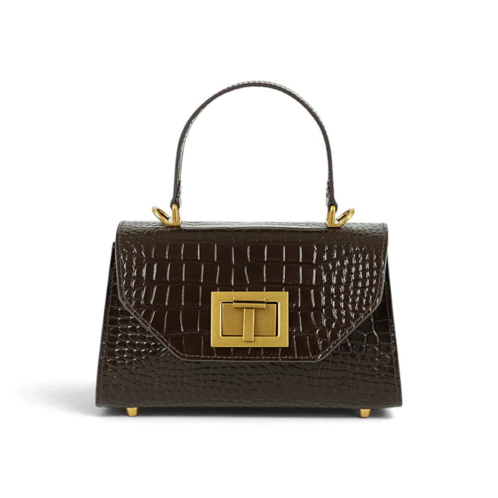 Geanta din piele naturala Croco Chocolate Mini Grace