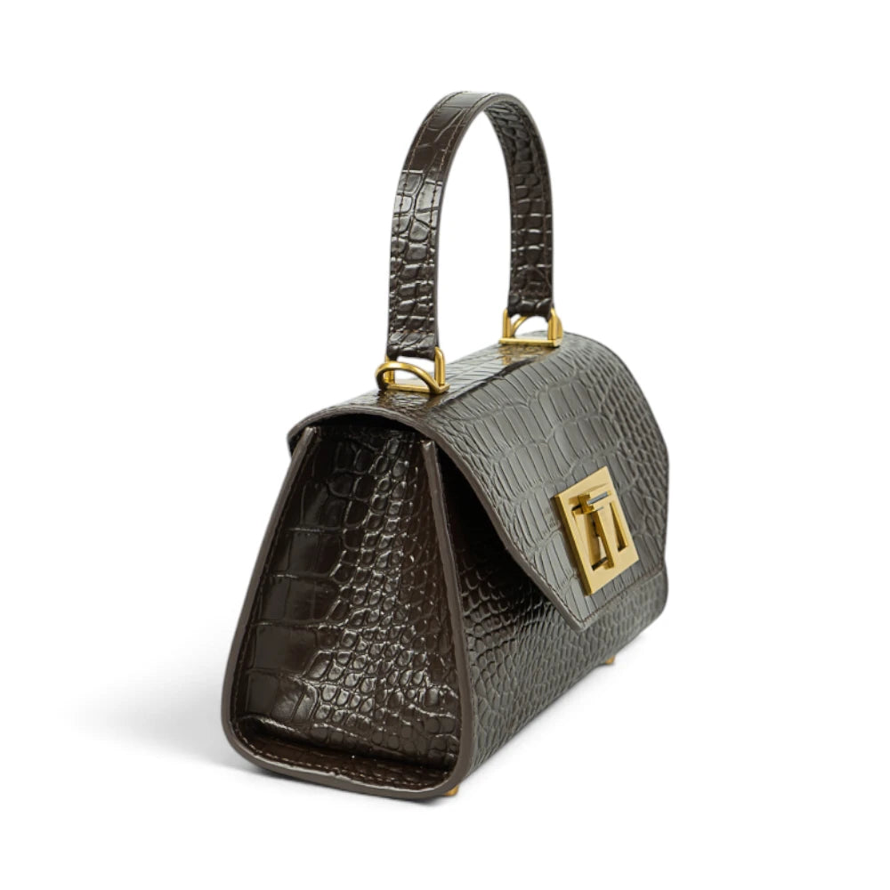 Geanta din piele naturala Croco Chocolate Mini Grace