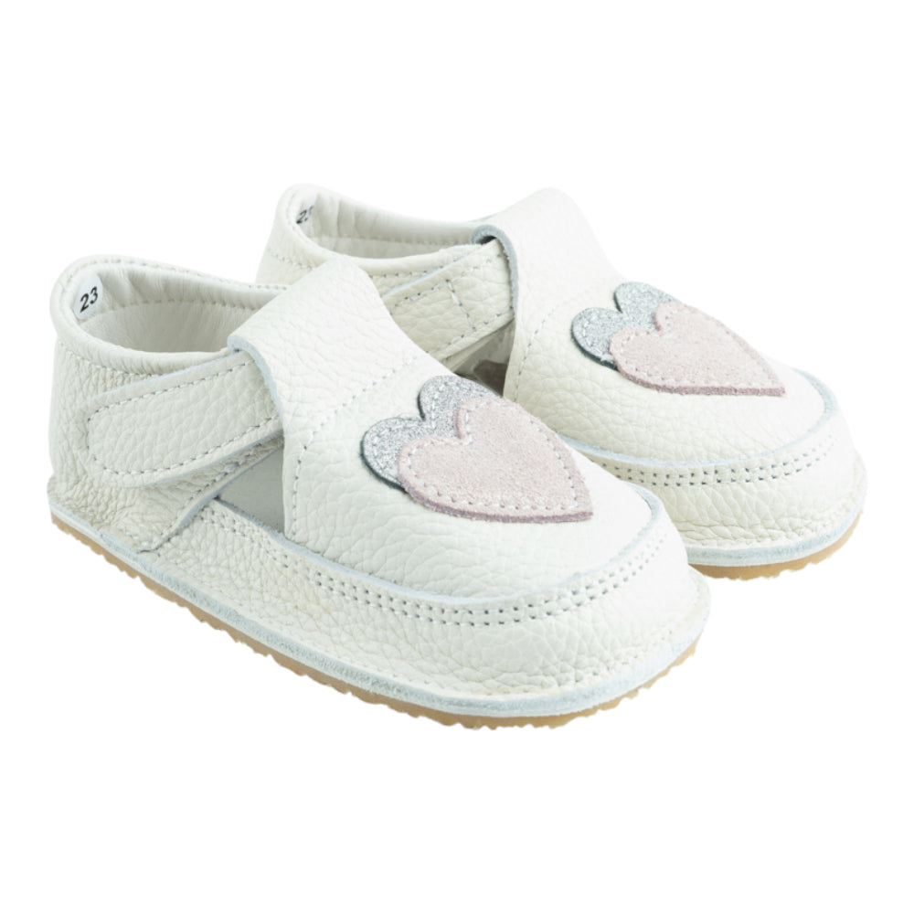 Pantofi barefoot din piele naturala Alb Ivory Inimioare