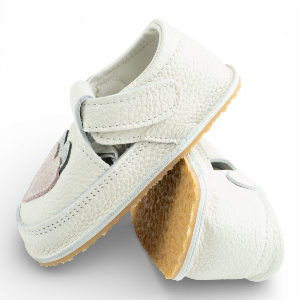 Pantofi barefoot din piele naturala Alb Ivory Inimioare
