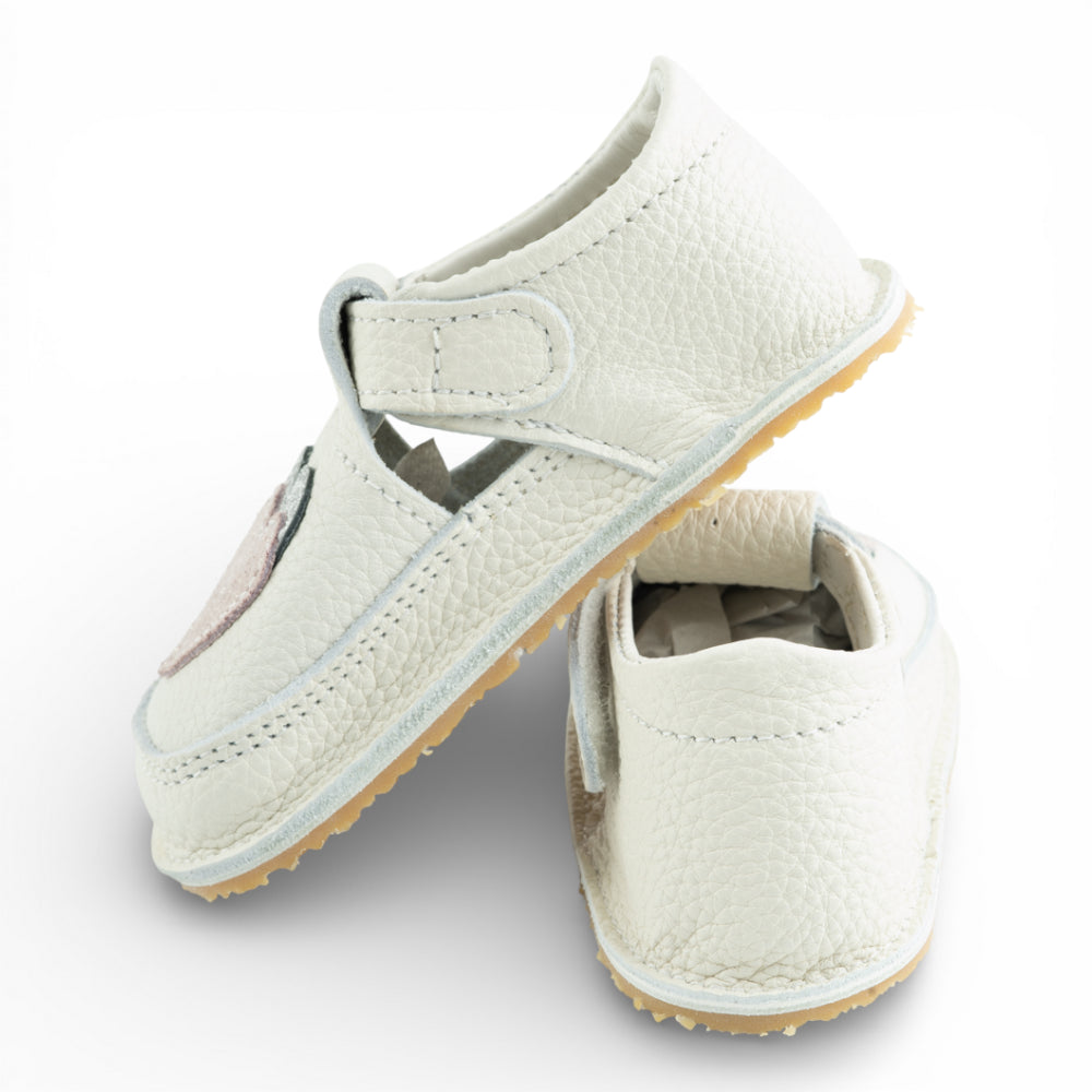 Pantofi barefoot din piele naturala Alb Ivory Inimioare
