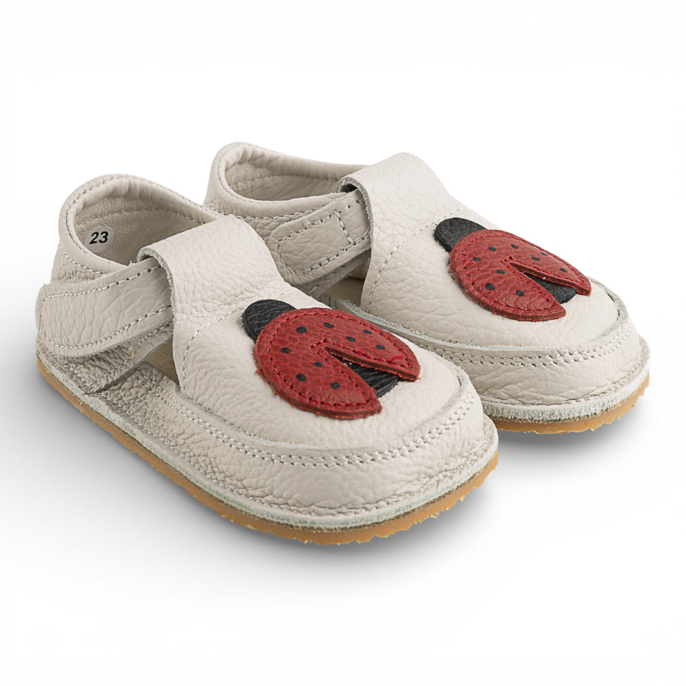 Pantofi barefoot din piele naturala Alb murdar Buburuza rosie
