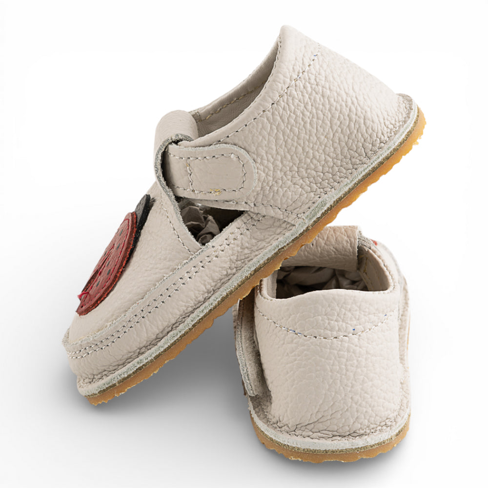 Pantofi barefoot din piele naturala Alb murdar Buburuza rosie