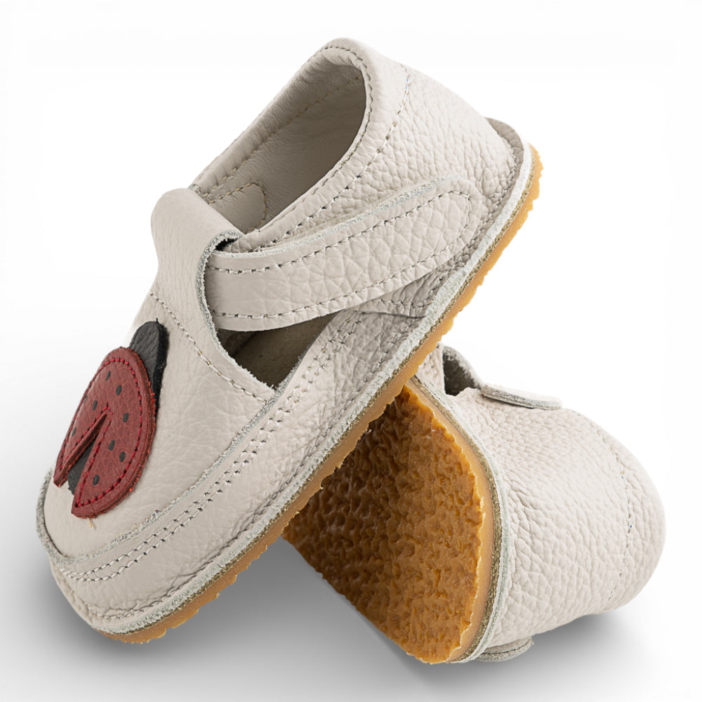 Pantofi barefoot din piele naturala Alb murdar Buburuza rosie