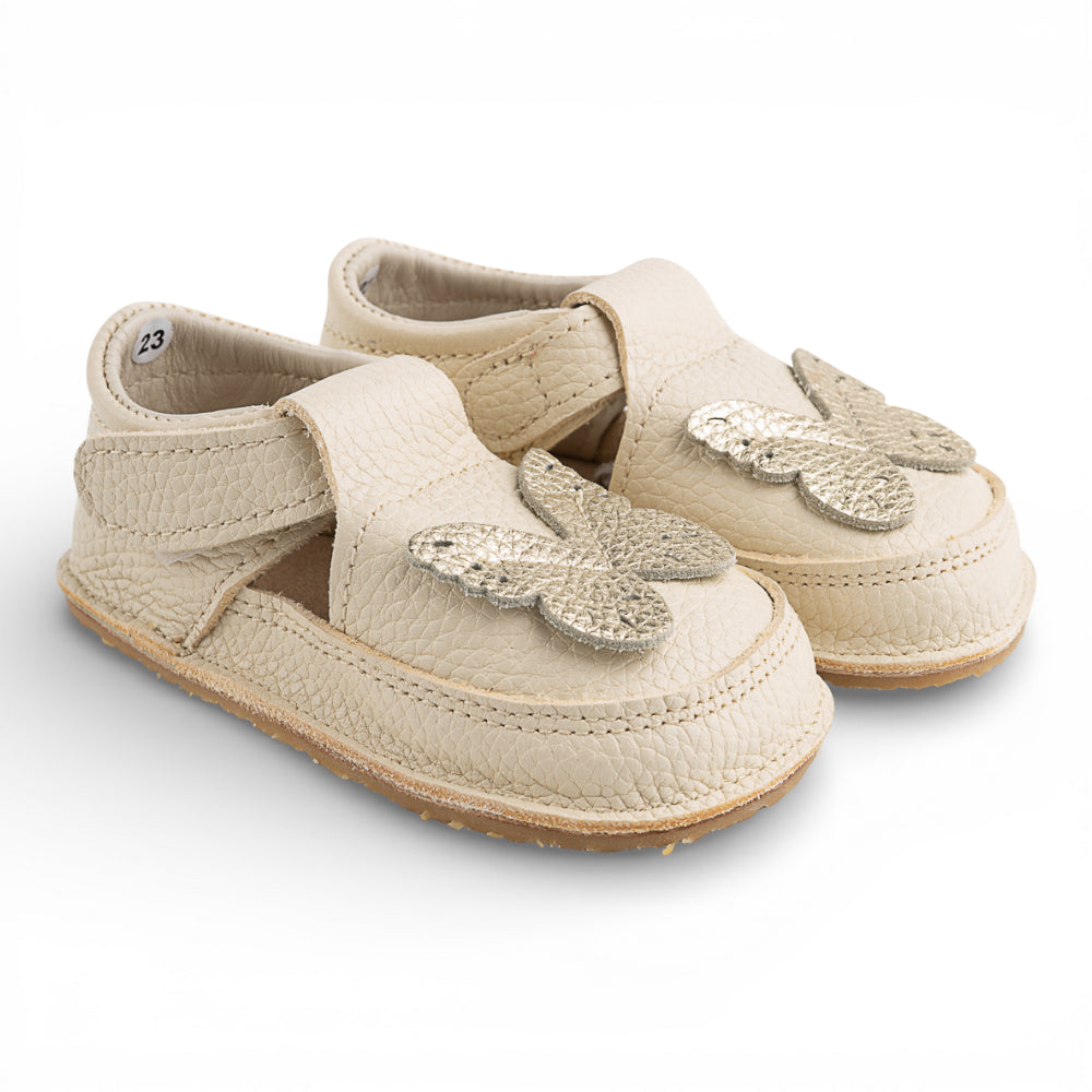 Pantofi barefoot din piele naturala Crem Fluturas auriu Imagine secundară a produsului