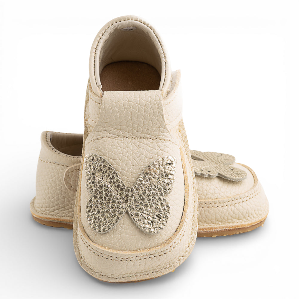 Pantofi barefoot din piele naturala Crem Fluturas auriu Imagine principală a produsului