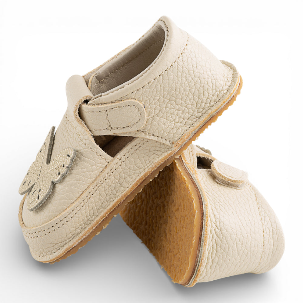 Pantofi barefoot din piele naturala Crem Fluturas auriu