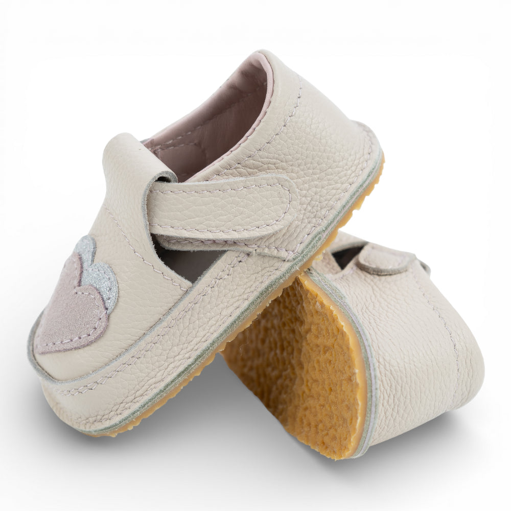 Pantofi barefoot din piele naturala Crem rose Inimioare