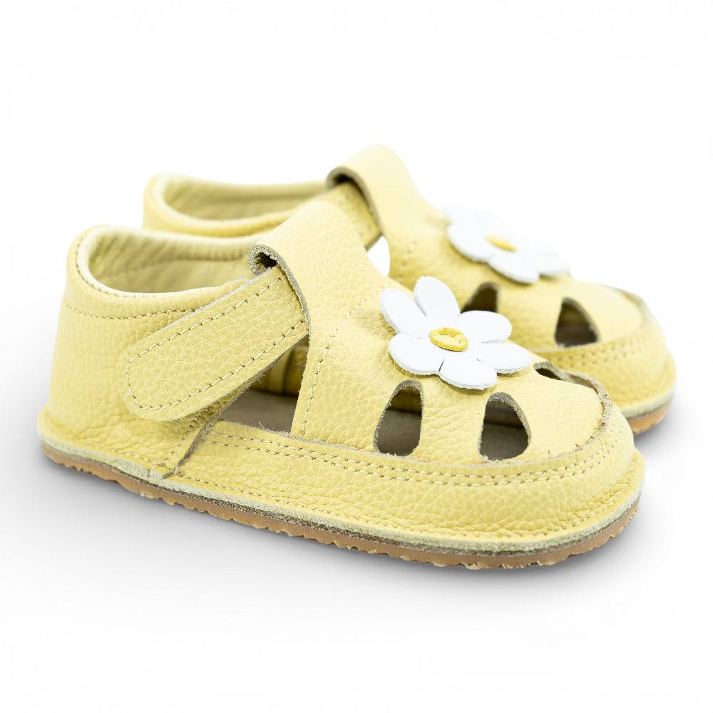 Sandale barefoot din piele naturala Galben Floricica