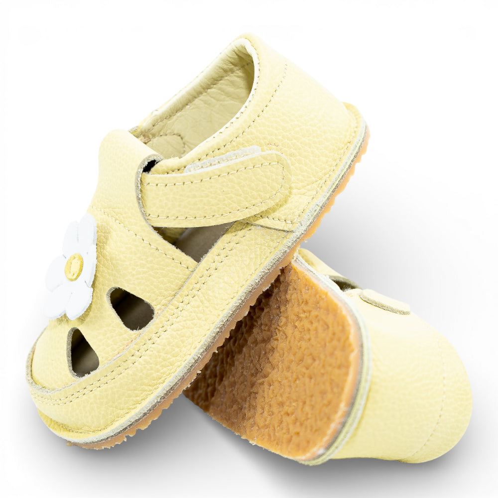 Sandale barefoot din piele naturala Galben Floricica