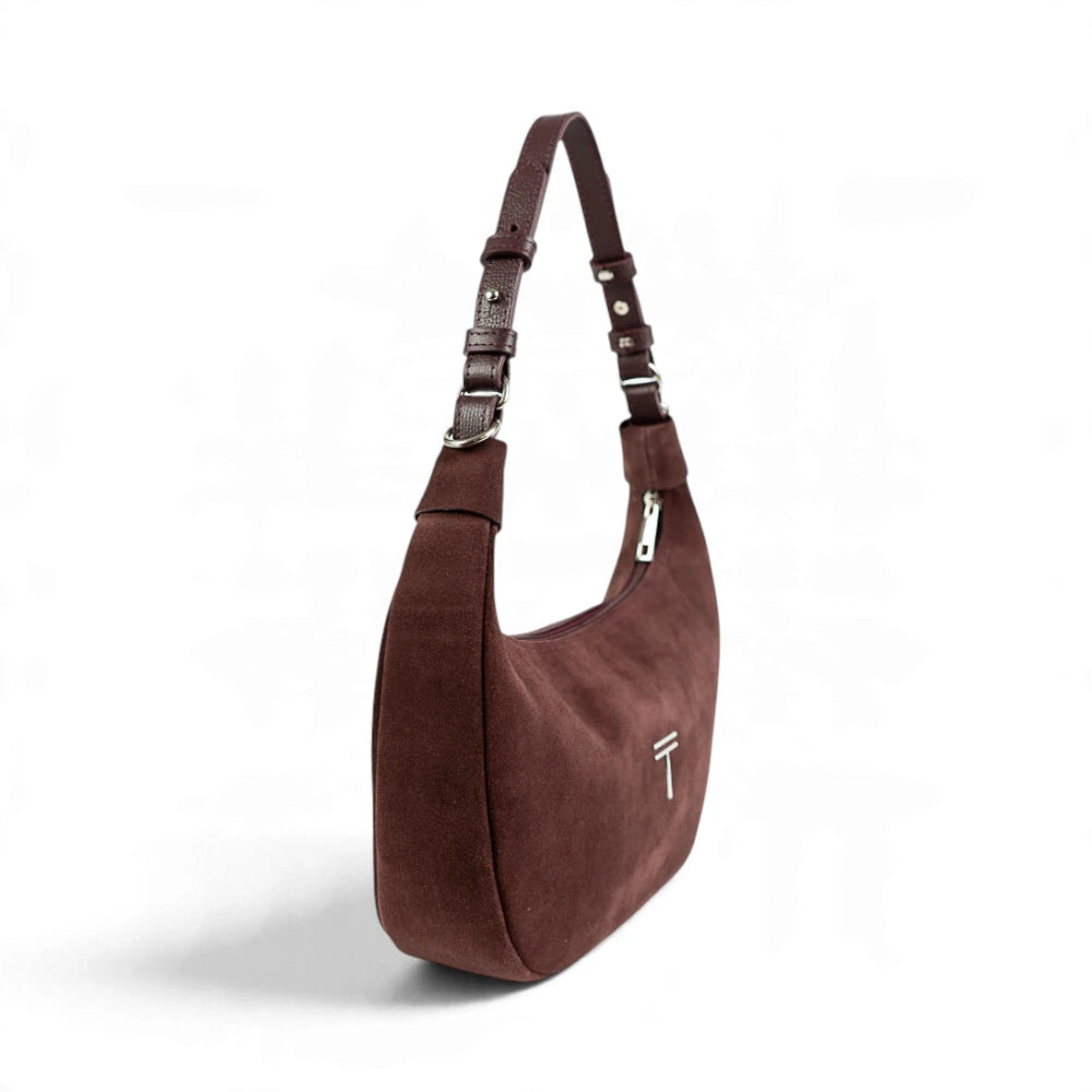 Geanta din piele naturala Suede Brown burgundy Moon Medium