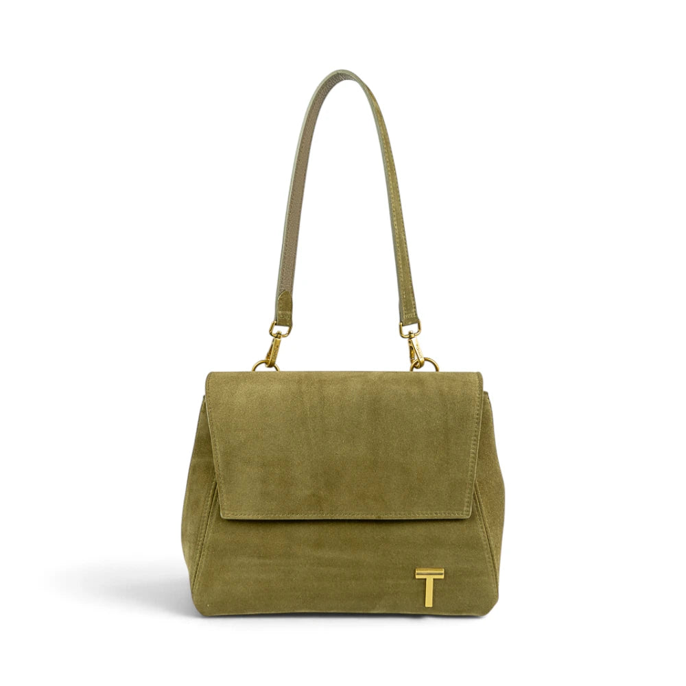 Geanta din piele naturala Suede Linda nuanta Olive