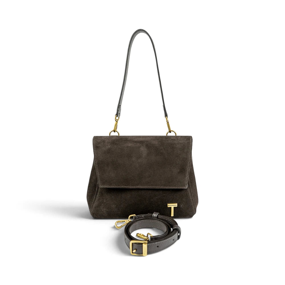 Geanta din piele naturala Suede Linda nuanta Dark Chocolate