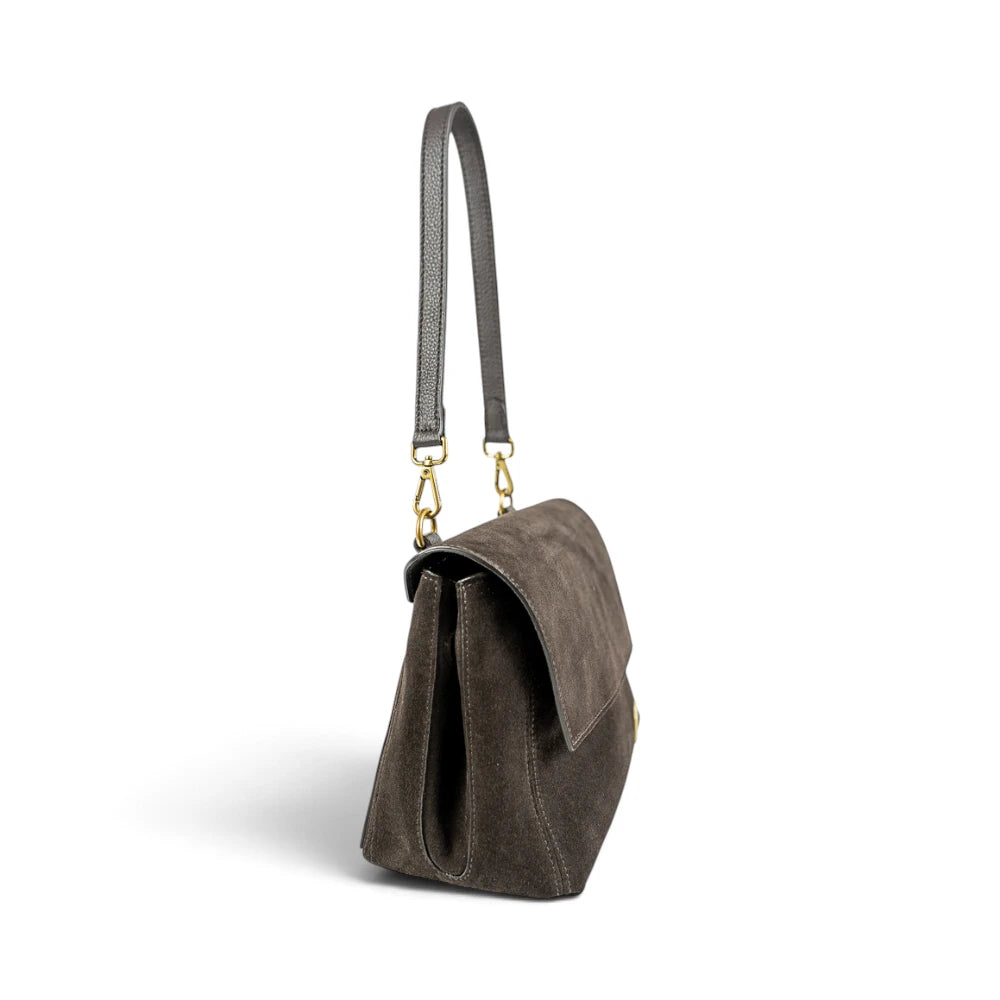 Geanta din piele naturala Suede Linda nuanta Dark Chocolate