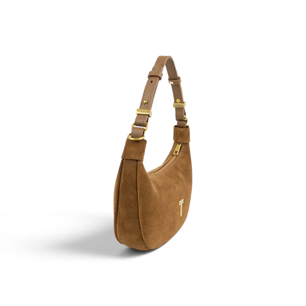 Geanta  din piele naturala Suede Coniac Mini Moon