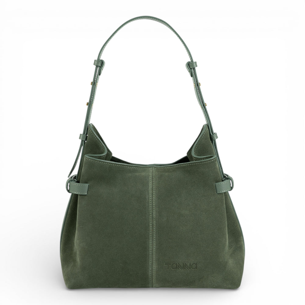 Geanta  din piele întoarsă  Verde Birch Suede Medium Boucle