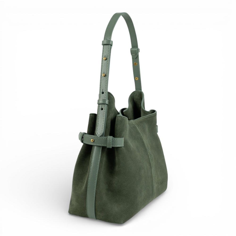 Geanta  din piele întoarsă  Verde Birch Suede Medium Boucle