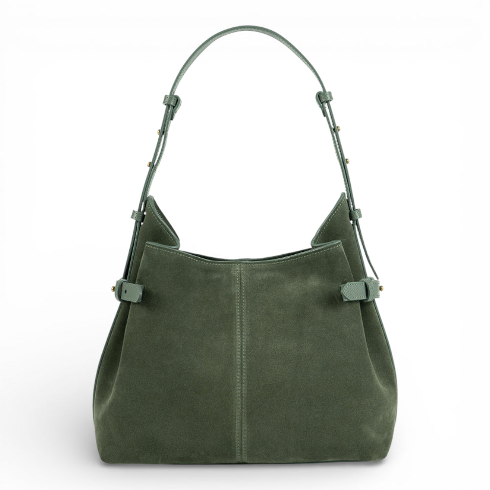 Geanta  din piele întoarsă  Verde Birch Suede Medium Boucle