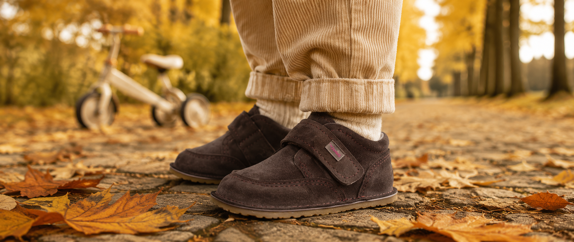 Copil purtând pantofi barefoot din piele întoarsă maro, pe o alee cu frunze de toamnă