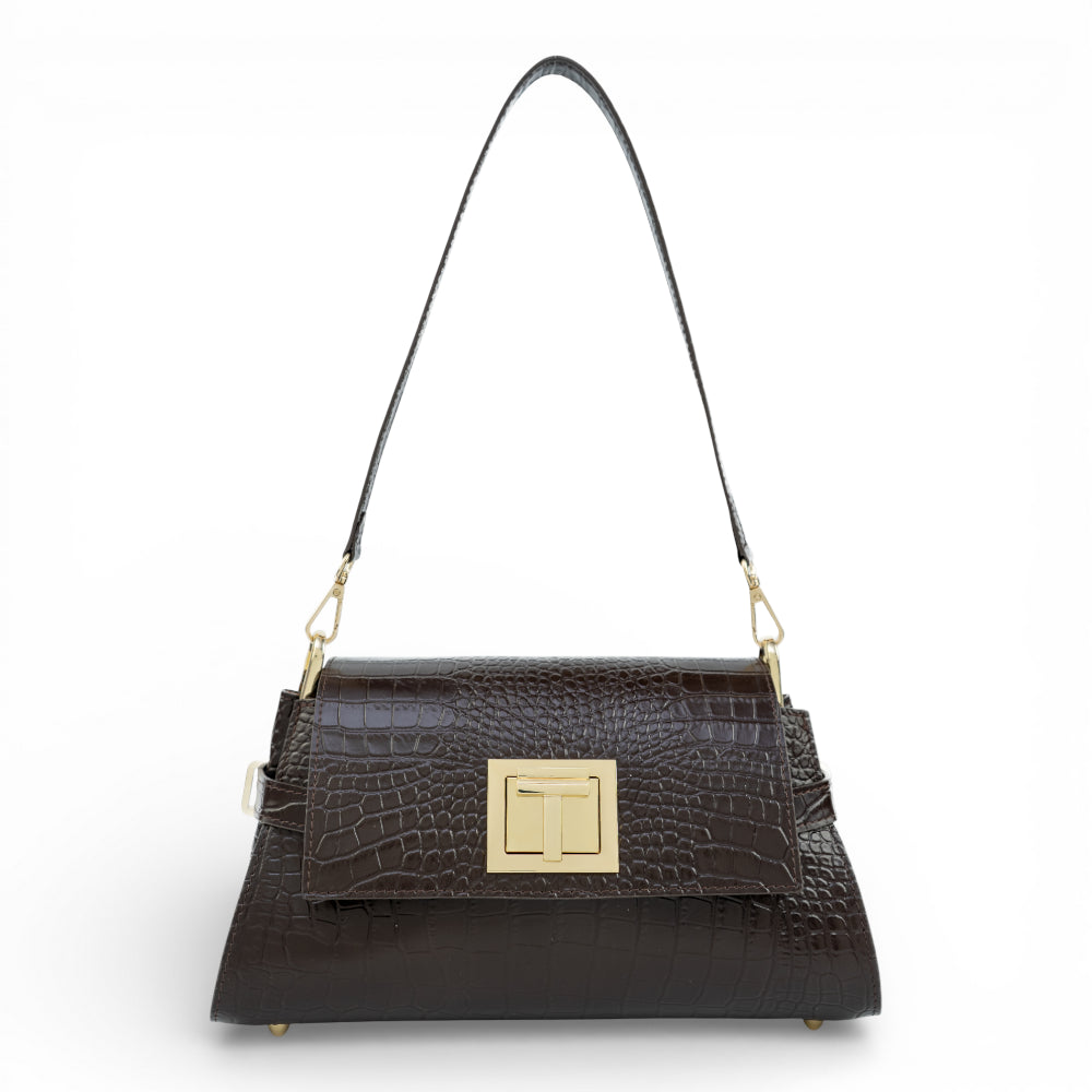 Geanta din piele naturala Chocolate Croco Bella Imagine principală a produsului