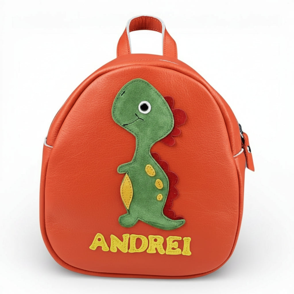 Rucsac gradinita pentru copii din piele naturală – personalizabil cu nume-Dinozaur