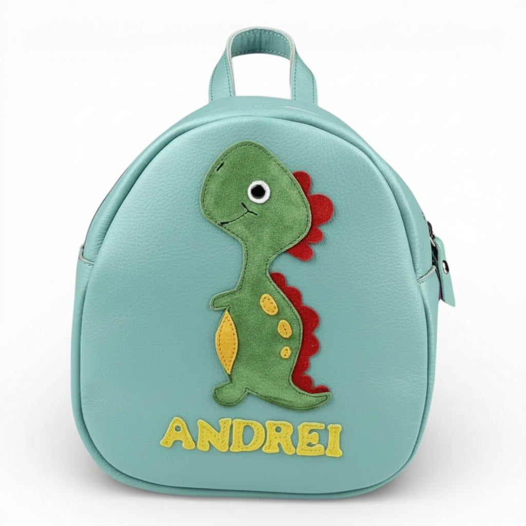 Rucsac gradinita pentru copii din piele naturală – personalizabil cu nume-Dinozaur