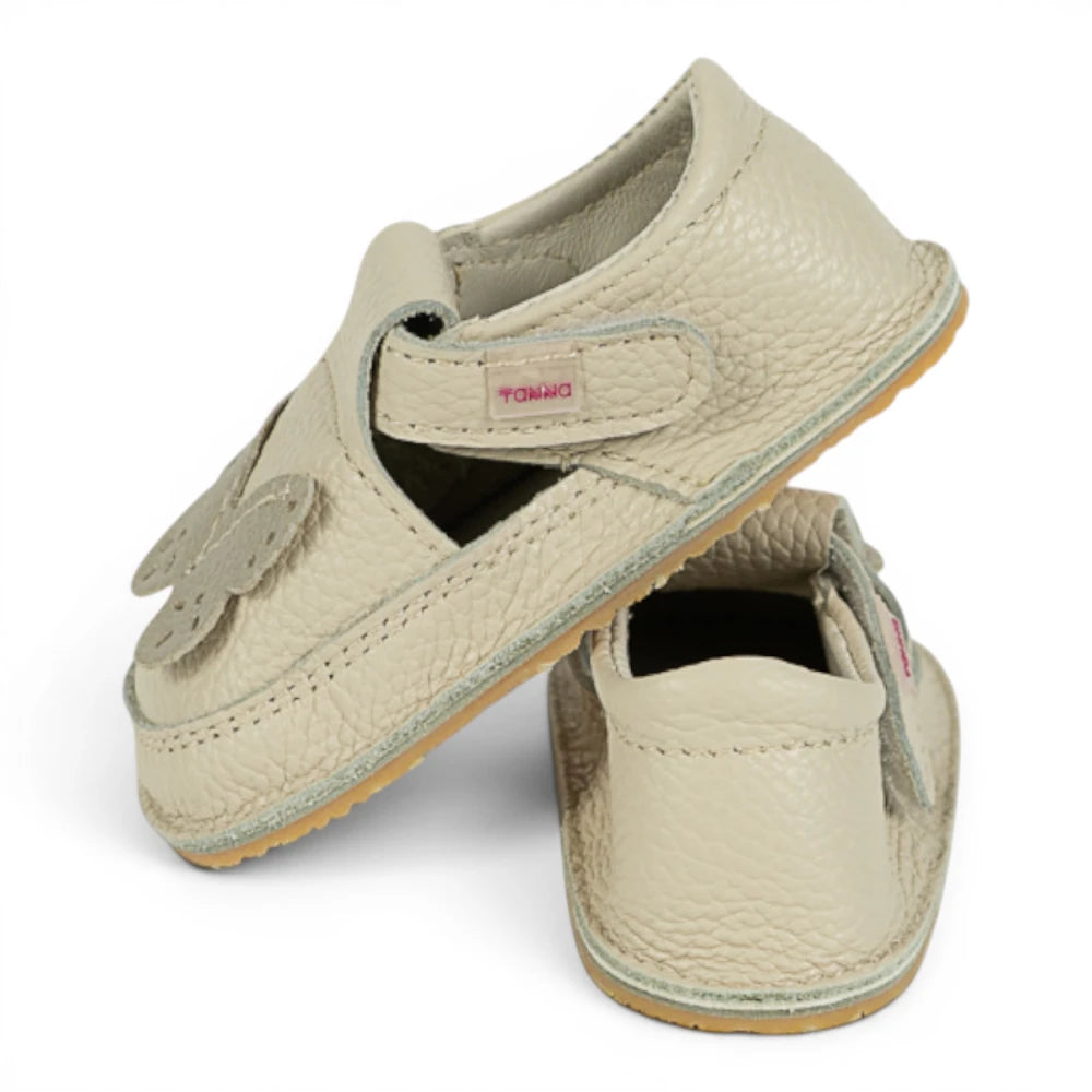 Pantofi barefoot din piele naturala Crem Fluturas auriu