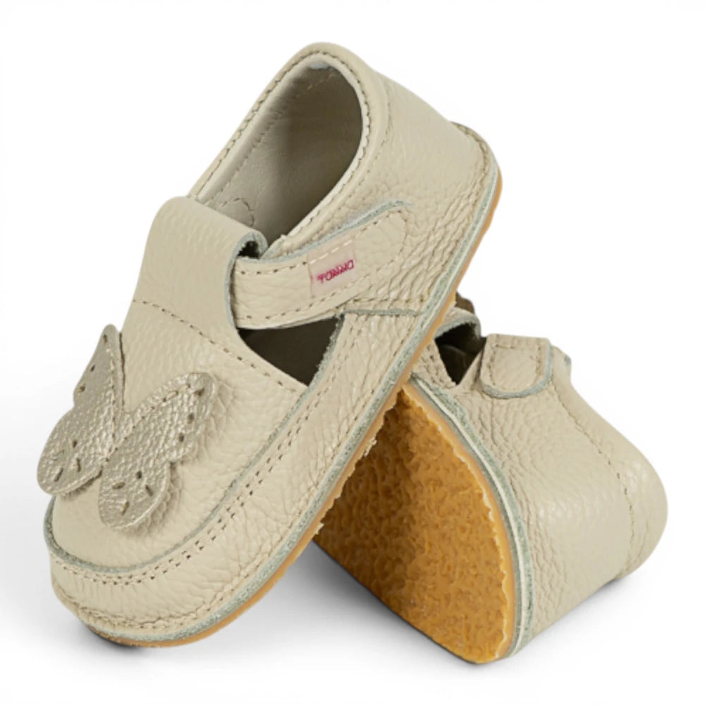 Pantofi barefoot din piele naturala Crem Fluturas auriu Imagine principală a produsului