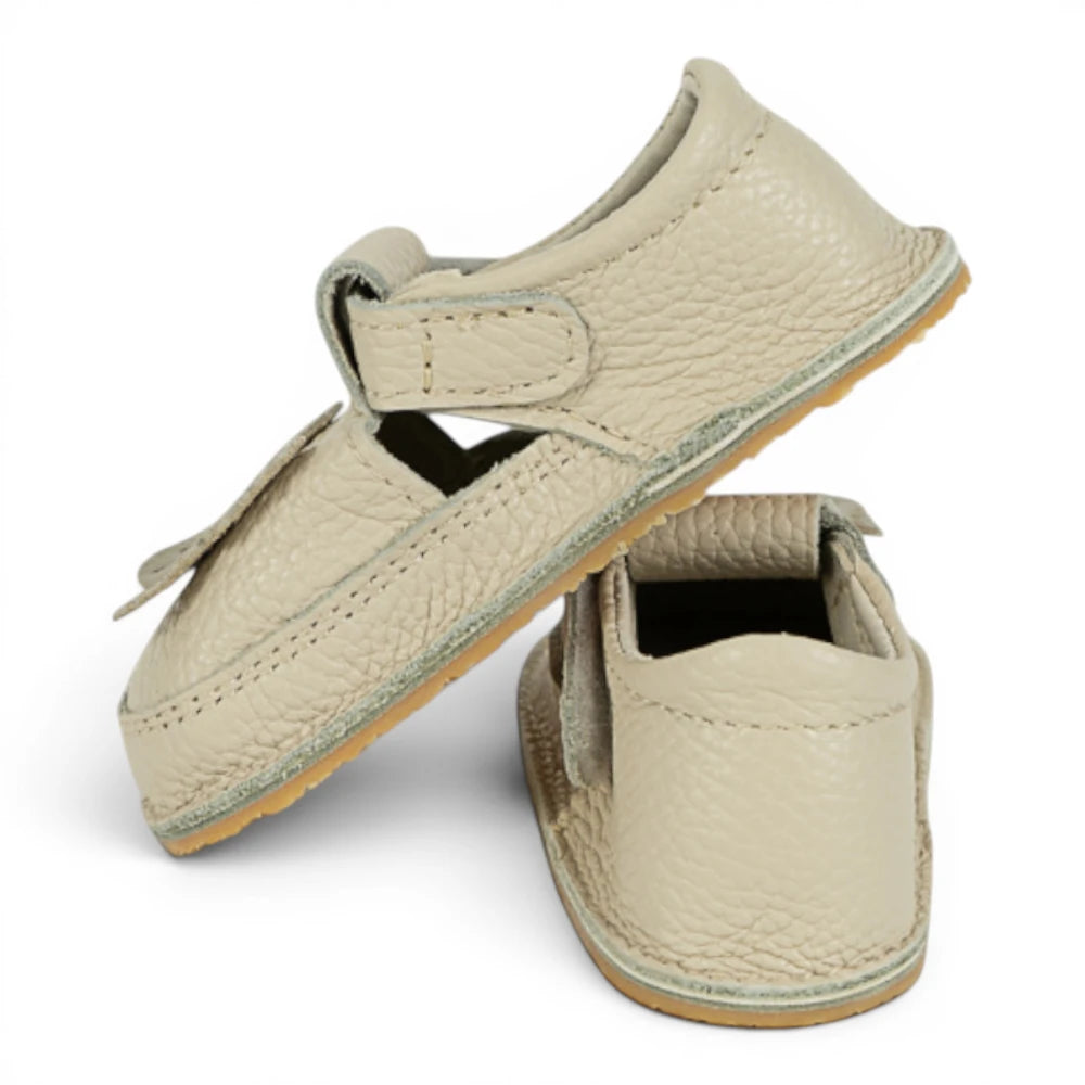 Pantofi barefoot din piele naturala Crem Fluturas auriu